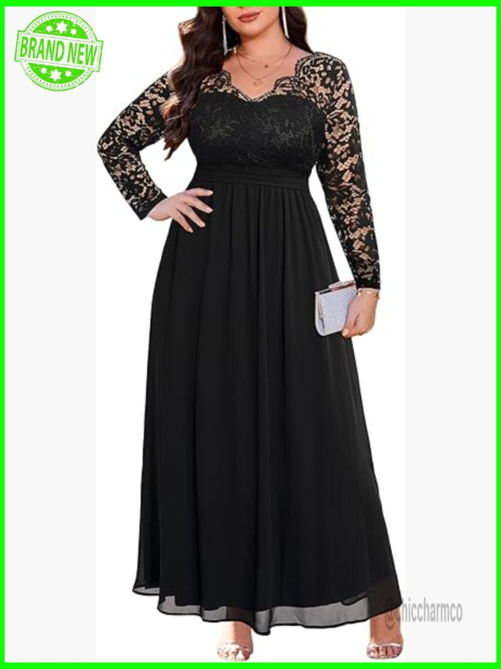 Plus Size Formal Wedding Dress Lace Chiffon V Neck Long Sleeve Maxi Gown